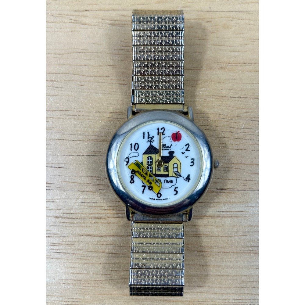 VTG Pearl Quartz Watch Women Gold Tone Schoolhouse School Bus Teacher Novelty